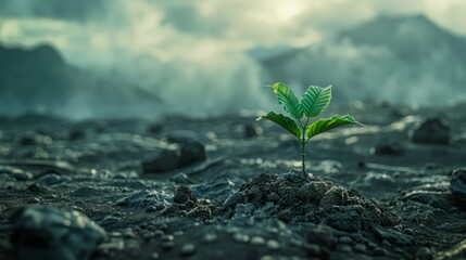 Young Plant Growing in Rocky Soil with Misty Mountains in Background Symbolizing Hope and Resilience