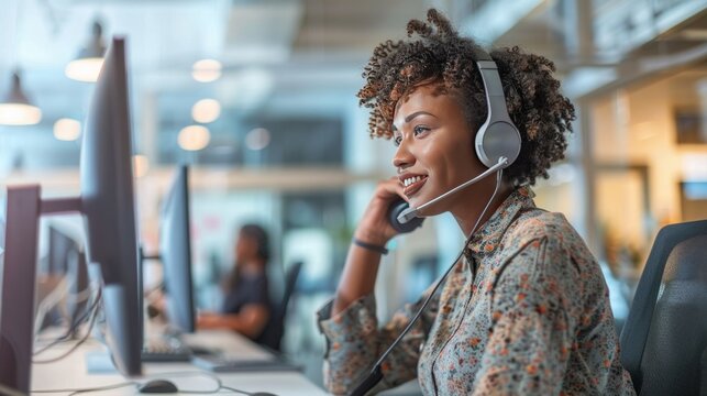 A call center agent engaged in answering a phone call, attentively glancing at a computer screen during their shift.