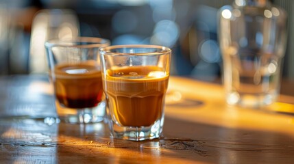 Warm Glowing Afternoon Light Illuminates a Pair of Freshly Brewed Espresso Shots on a Cozy Cafe Table