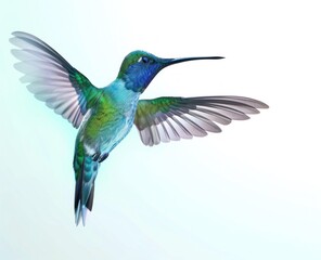 Obraz premium Iridescent Hummingbird in Mid-Flight on Pristine White Backdrop Generative AI