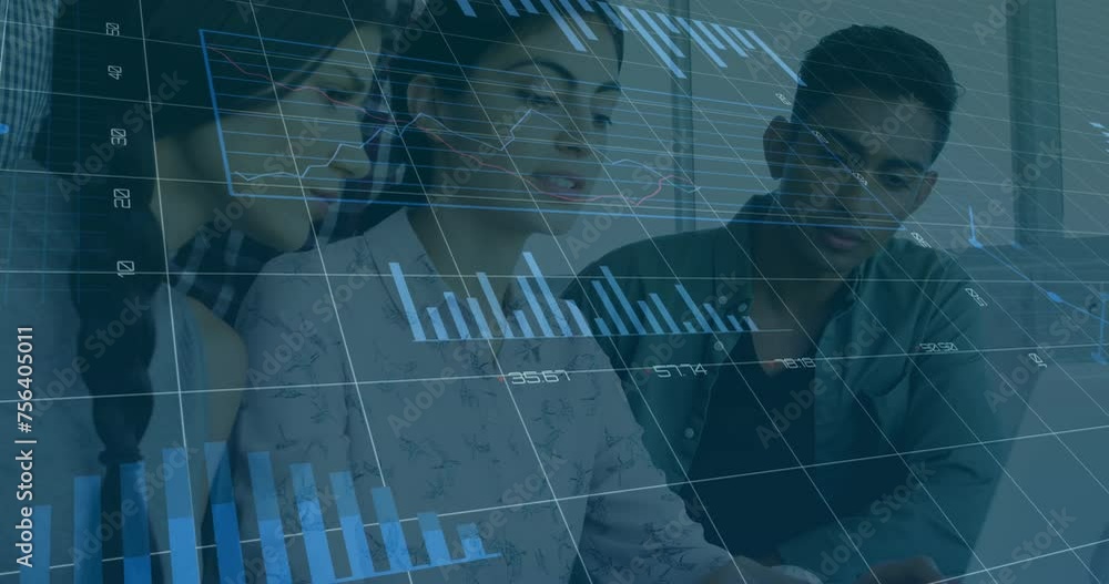 Aufkleber animation of data processing and diagrams over diverse business people discussing work