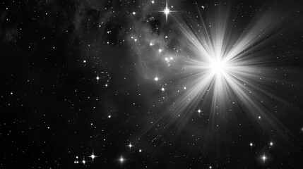 Fototapeta na wymiar A timeless black and white photograph showcasing a luminous star set against a deep, dark backdrop.
