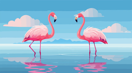 A pair of graceful flamingos wading in shallow water