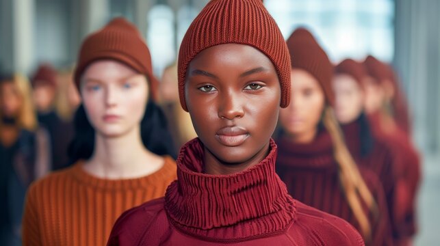 Diverse Group of Models in Earth Tone Fashion Pose for Autumn Collection Advertisement