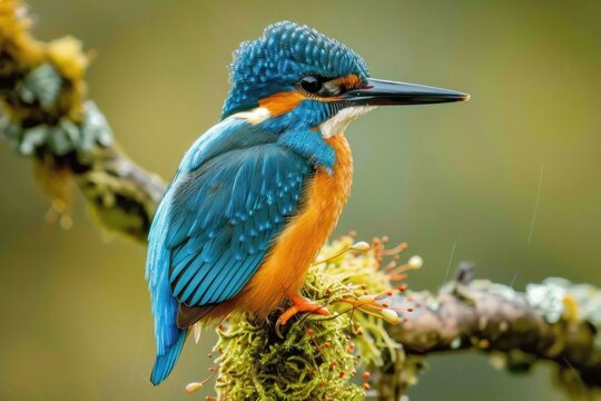 Kingfisher Majesty: Rain-Adorned Perch in Autumnal Splendor - Generative AI