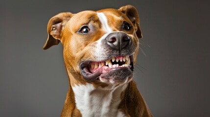 Fierce Brown American Staffordshire Terrier Baring Teeth in Warning - Generative AI - obrazy, fototapety, plakaty