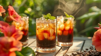 Refreshing Iced Coffee Drinks with Mint Garnish Served Outdoors Surrounded by Vibrant Tropical Flowers