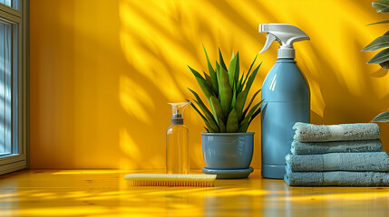 Bottles of detergent, brush, towels and brightly colored sponges space for text. - obrazy, fototapety, plakaty