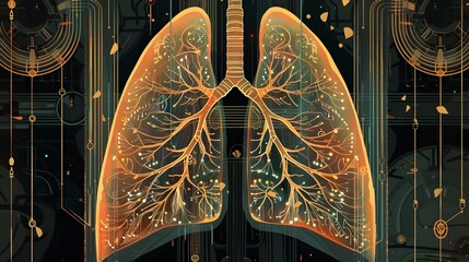 Futuristic digital illustration of illuminated human lungs, perfect for medical technology and healthcare innovation concepts.