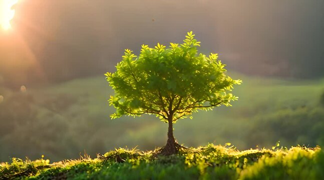 A scene of a small tree growing with sunlight. The concept of a green world and earth day