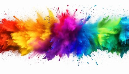 Colorful rainbow holi paint powder explosion isolated on white background wide panorama, holi festival celebrations