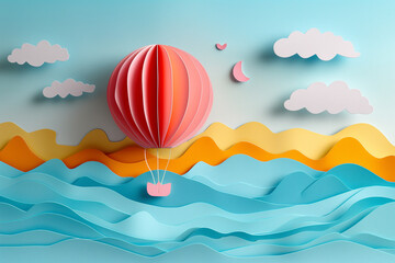 a pink balloon flies above the sea waves. cardboard effect, 