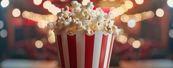 A close-up shot of a red and white striped popcorn cup, brimming with fluffy popcorn, set within the ambiance of a movie theater. - obrazy, fototapety, plakaty
