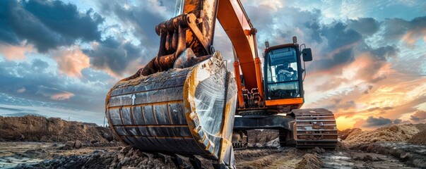 A detailed shot of an operational excavator bucket, showcased against the backdrop of the sky. - obrazy, fototapety, plakaty