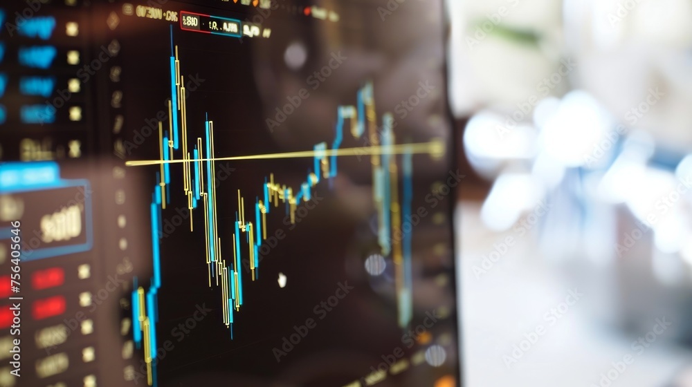 Poster a computer monitor displays a graph of stock prices. the graph is in blue and yellow, with the blue 