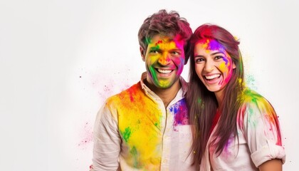 Fototapeta premium Young couple holding hands smiling in colorful powder celebrating holi festival on white background, holi festival celebrations