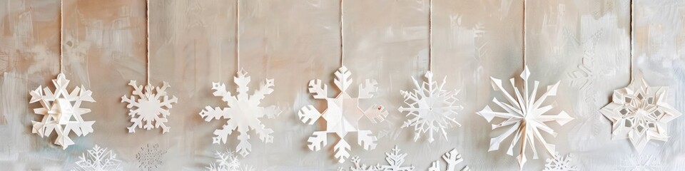 A charming array of handcrafted paper snowflakes hangs delicately against a soft buttercream backdrop, adding a touch of DIY charm to the festive decor, leaving space for your message. - obrazy, fototapety, plakaty