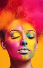 Obraz premium Woman with face covered in colorful powder celebrating holi festival with joy and happiness, holi festival celebrations