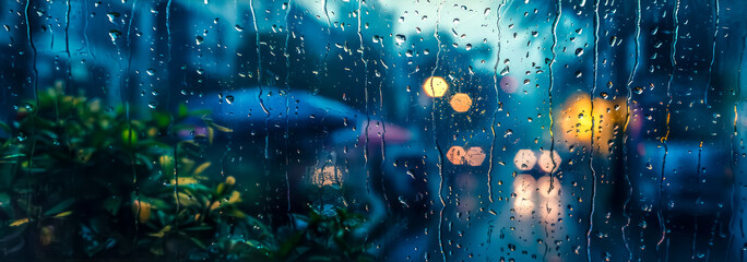 Rainy window with blurred city lights