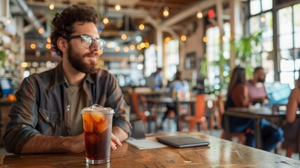 Young Bearded Man Contemplating While Enjoying Iced Coffee in a Bustling Urban Cafe with Natural Light Filtering Through Large Windows