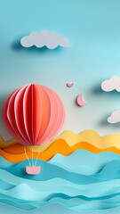 a pink balloon flies above the sea waves. cardboard effect, Phone wallpaper. 