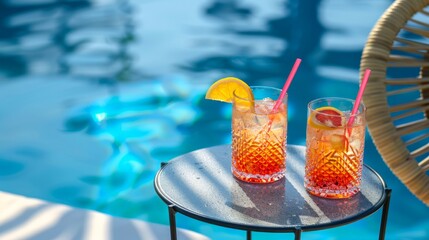 summer refreshing citrus cocktails in glasses against the background of pool, luxury rest, all inclusive concept