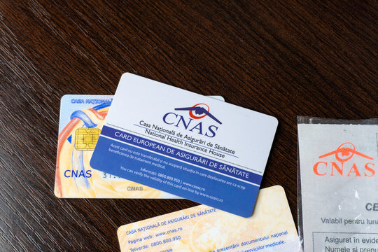 Arad,Romania 03 13 2024: County House of Health Insurance CNAS Health Cards. Romanian Health Card