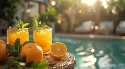 summer citrus cocktails in glasses against the background of the pool, luxury rest, all inclusive concept