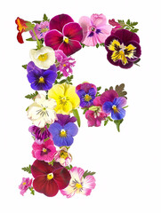 Typeface made out of colored spring flowers isolated on a white background the letter F