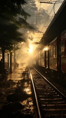 Fototapeta na wymiar train stop at railway station with sunset