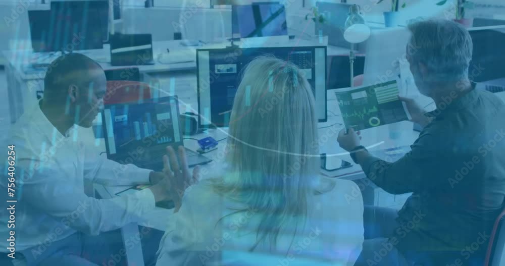 Poster animation of data processing and diagrams over diverse business people talking in office