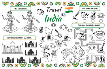 A fun placemat for kids. Printable the “Travel to India” activity sheet with a labyrinth, find the differences and find the same ones. 17x11 inch printable vector file