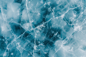 Amazing unique pattern of frozen Lake Baikal. View from above. Blue transparent clear smooth ice with deep cracks