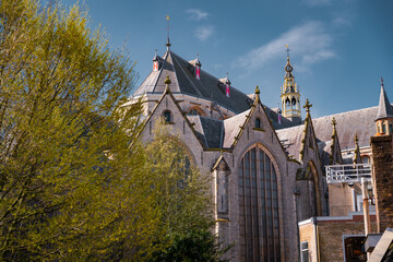 The Saint-John church in Gouda, the Netherlands. Details of large Gothic church on a sunny day