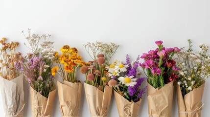 A row of dried flower bouquets wrapped in kraft paper on a white background