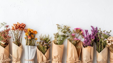 A row of dried flower bouquets wrapped in kraft paper on a white background