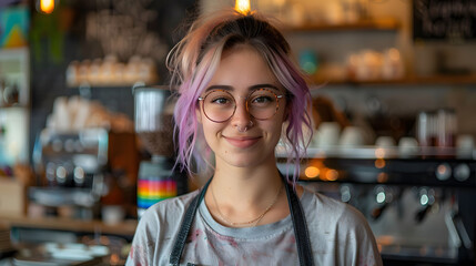 Young feminist woman with smiling glasses in close-up at her work station. Concept: struggle, feminism - obrazy, fototapety, plakaty