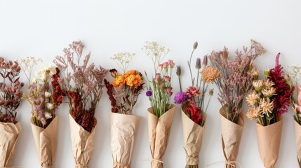 A row of dried flower bouquets wrapped in kraft paper on a white background