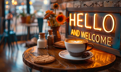 Welcoming cafe scene with HELLO AND WELCOME lightbox message, fresh espresso, cookies, and decorative vases on a wooden table