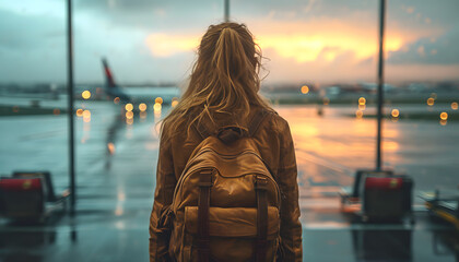 a young woman goes to the airport at the window looks at the planes in the window of the airport
