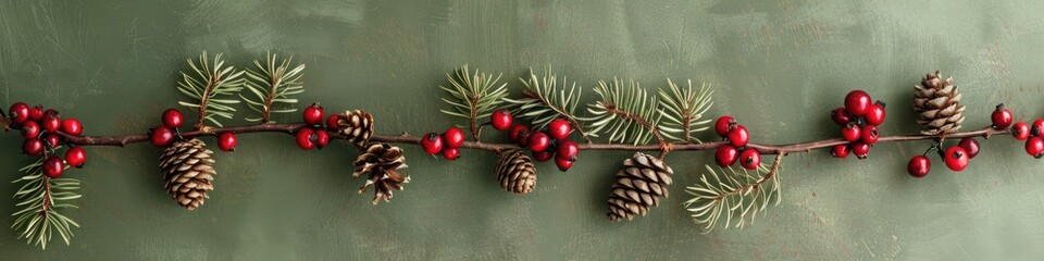 Fototapeta na wymiar A festive garland of cranberries and pine cones hangs against a muted olive green background, adding a natural touch to holiday decor with space for your text.