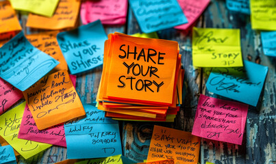 Encouraging SHARE YOUR STORY handwritten message on a bright orange sticky note over a pile of colorful notes on a wooden background
