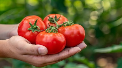 Close up hand holding ripe tomato with blurred tomato selection background and copy space