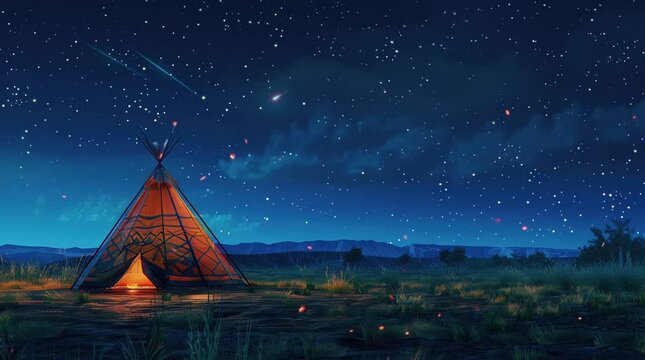 Traditional Indian tent under a mesmerizing starry sky on a tranquil night Seamless looping 4k time-lapse virtual video animation background. Generated AI