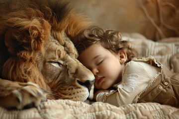 A baby sleeps peacefully hugged to a lion protecting it. Concept: Love for nature from childhood to prevent climate change.