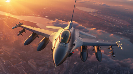 flying over the cities at sunset jet fighter with great speed. Patrol of military combat aviation