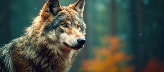 close up photo wolf with forest background - Powered by Adobe