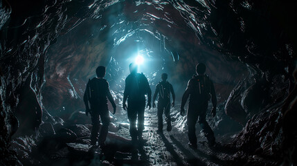 Four Men Walking Through Dark Cave in Hyper-Realistic Sci-Fi Style with dark view - obrazy, fototapety, plakaty