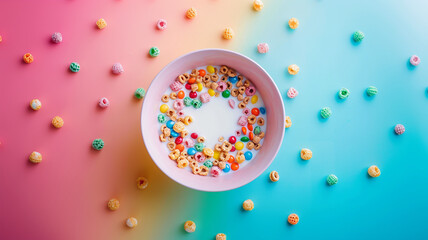 Bol de cereales azucarados de colores con leche sobre divertido fondo multicolor con patrón decorativo formado por cereales - obrazy, fototapety, plakaty