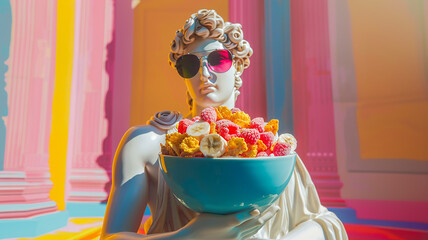Escultura clásica griega con gafas de sol sostiene un bol de cereales azucarados coloridos y fruta sobre fondo rosa - obrazy, fototapety, plakaty